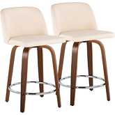 Toriano 24" Swivel Counter Stool in Walnut Wood & Cream Leatherette with Chrome Footrest (Set of 2)